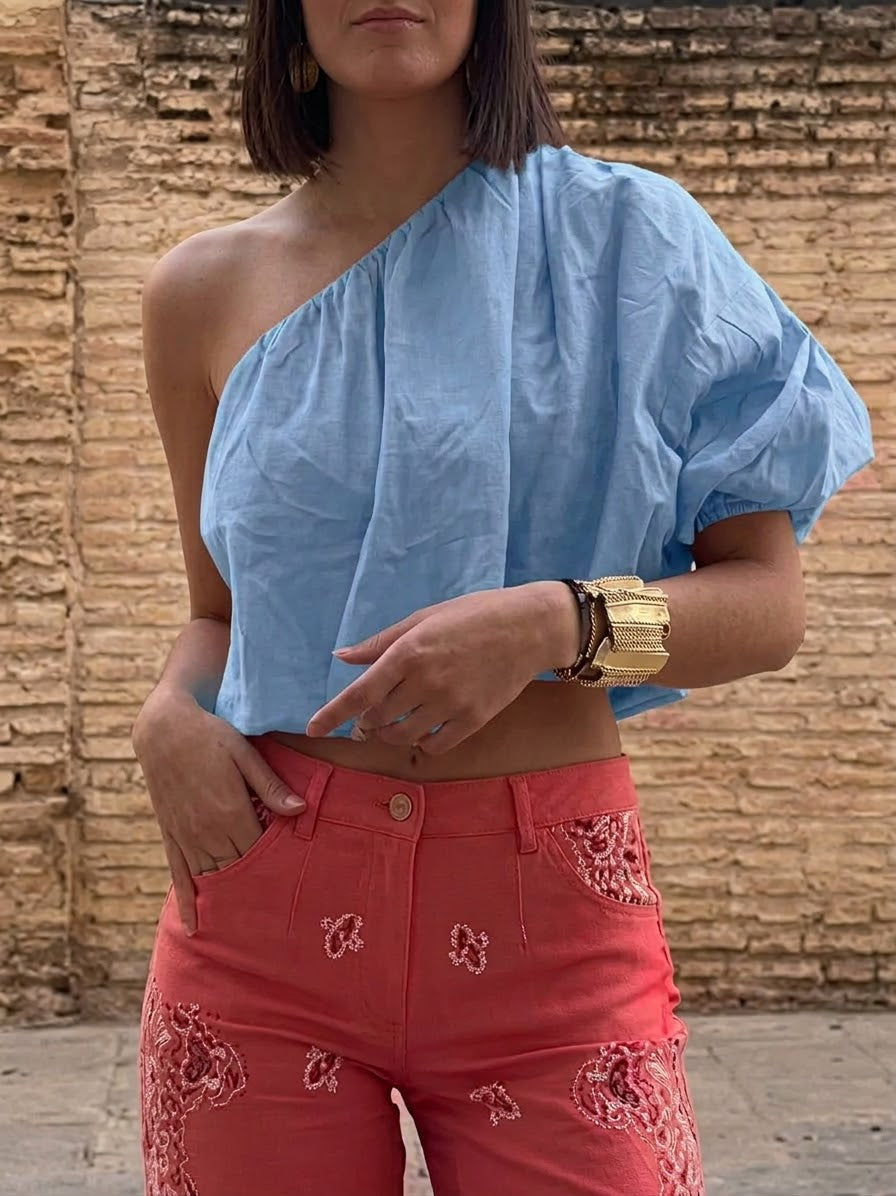 Casual Off-shoulder Linen And Cotton Top