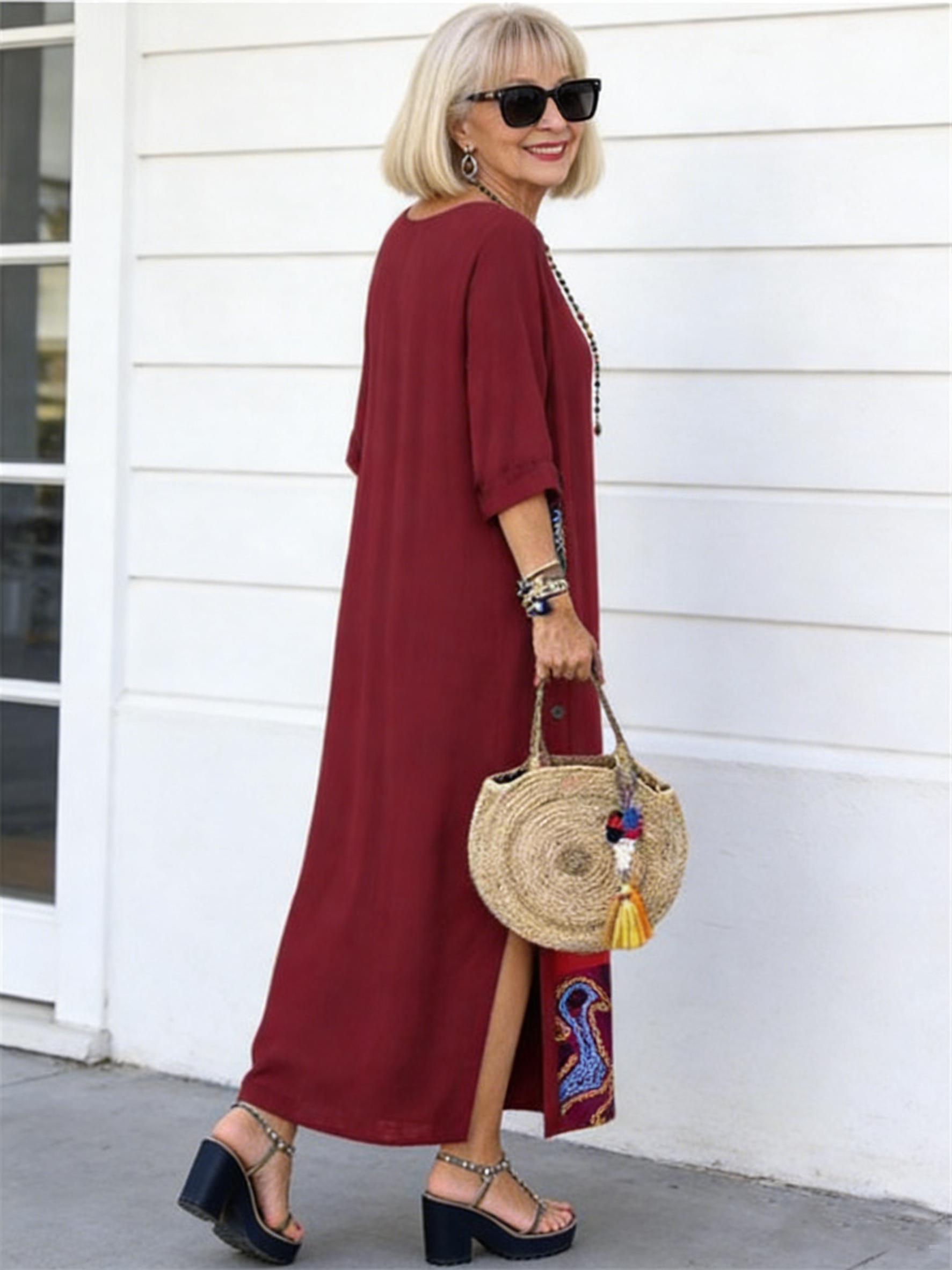 Floral round Neck Contrast Color Button Stitching 3/4 Sleeve Dress