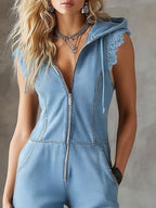 Casual Retro Lace Hooded Light Blue Denim Sleeveless Shorts Jumpsuit