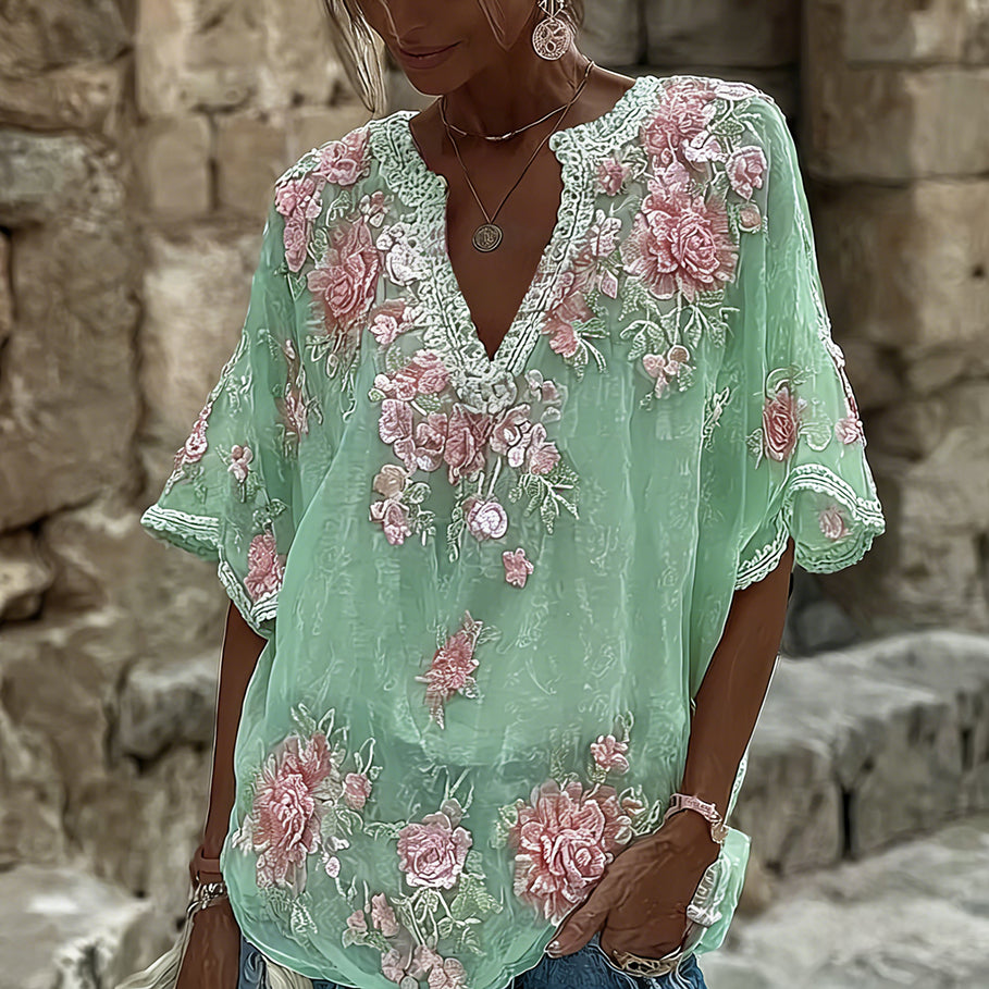 Women's Spring Floral Embroidered Art Print Flowy Linen Blend Casual Tops