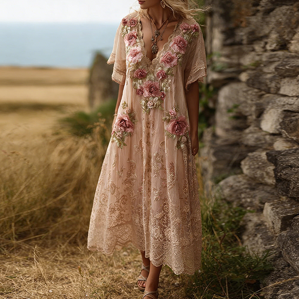 Vintage Pink Floral Embroidered Linen Blend Artistic Loose Dress