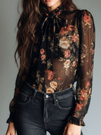 Vintage Black Sheer Chiffon Floral Tie Neck Blouse