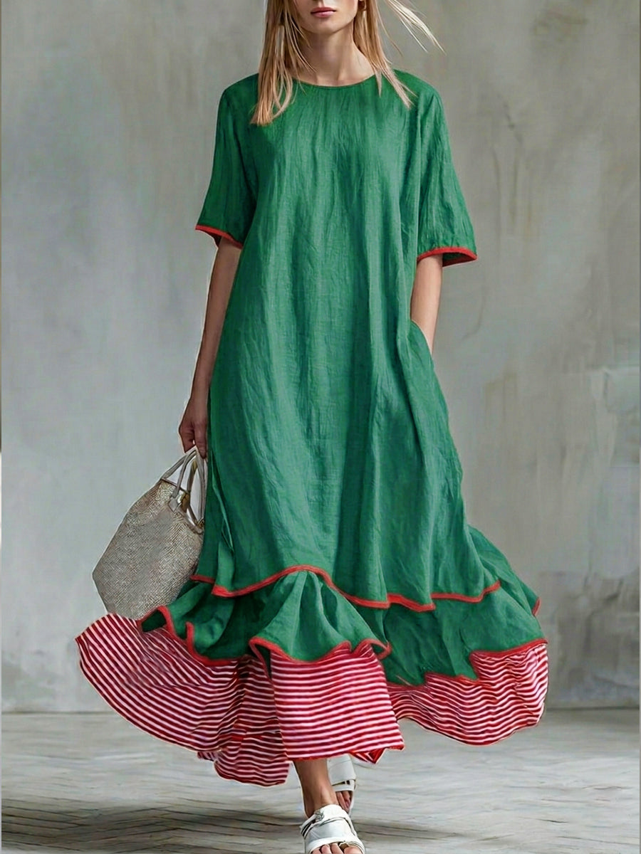 Women’s Patchwork Striped Midi Dress – Casual Red Summer Dress