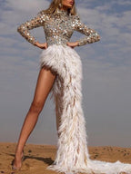 Stylish Round-Neck Sequined Long Sleeve Empire Feather Evening Mini Dress