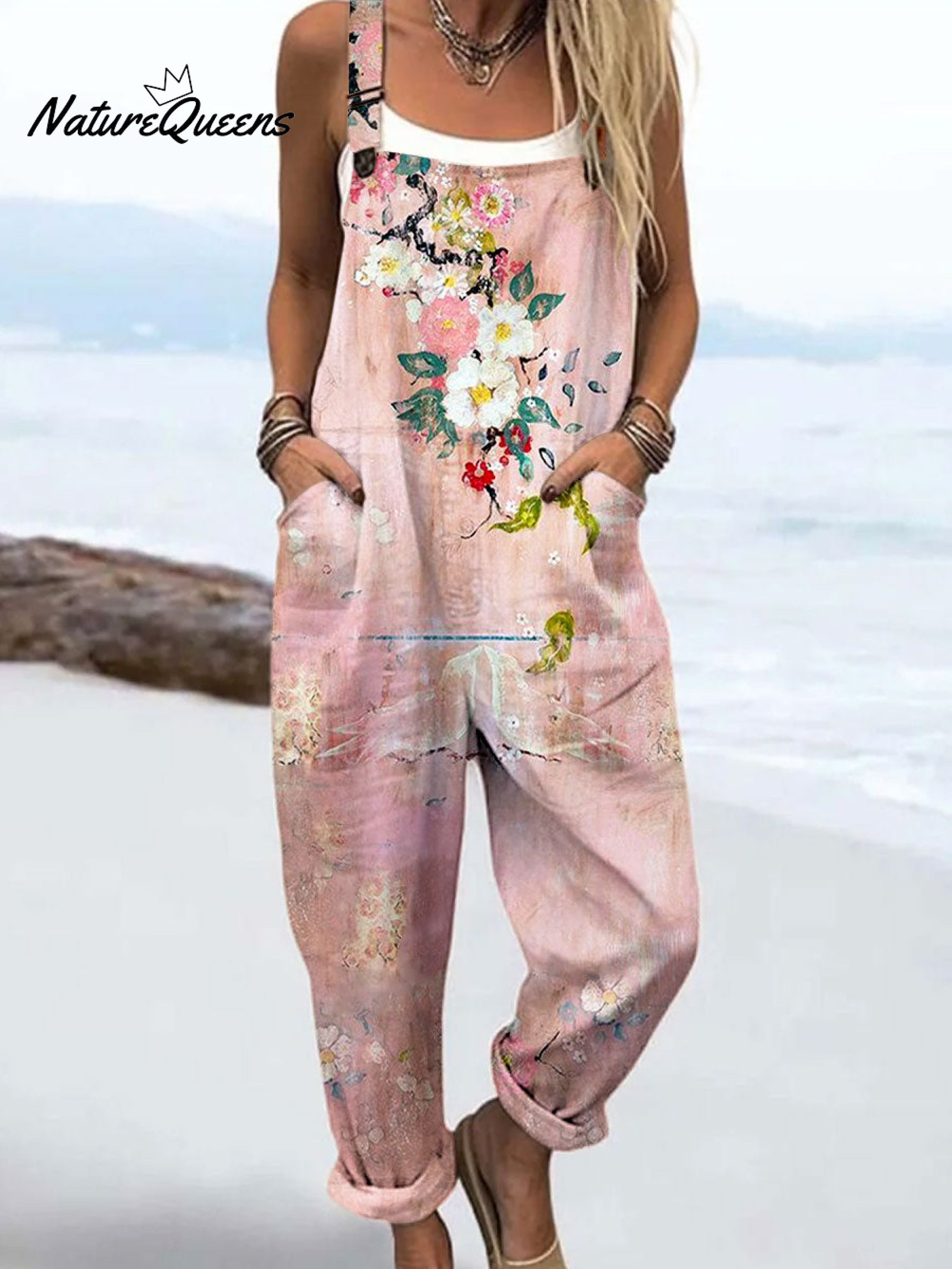 Women's Vintage Floral Art Print Casual 100% Cotton Wide Leg Jumpsuit