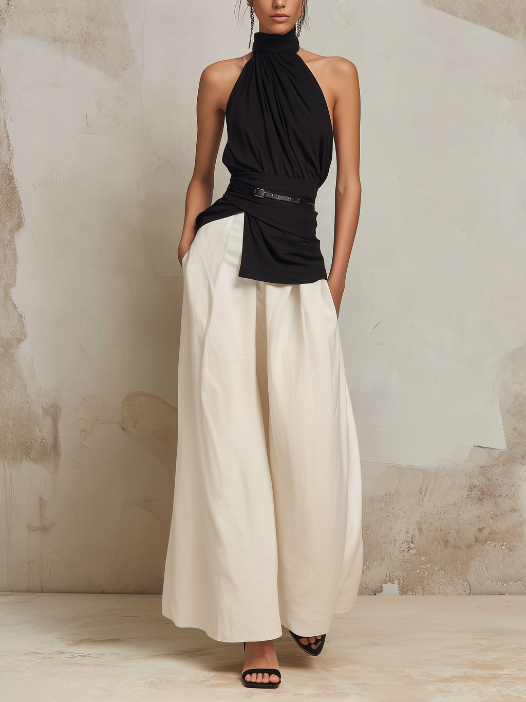 Black & White Halter Neck Two-Piece Wide-Leg Set With Belt