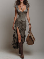 Satin Corset-Style Vest & High-Slit Ruffled Skirt Set