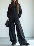[24-hour shipping out]Casual Loose Retro Denim Zipper Elastic Waist Lapel Long Sleeve Jumpsuit