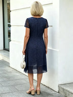 Navy Blue Printed Mesh Layered Midi Dress, Round Neck Short Sleeve Straight A-Line Tummy Concealing Dress for Mature Women
