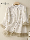 Art Retro Embroidery 3/4 Sleeve Patchwork Shirt