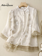 Art Retro Embroidery 3/4 Sleeve Patchwork Shirt