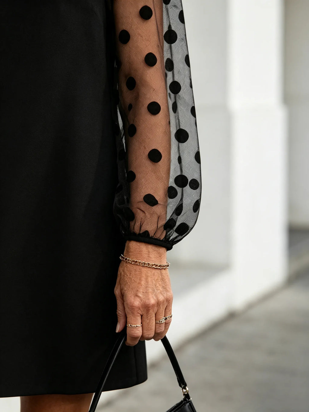 Black Polka Dot Mesh Sleeve Shift Dress, Notch V Neck Long Sleeve Loose Slimming Little Black Dress for Mature Women