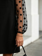 Black Polka Dot Mesh Sleeve Shift Dress, Notch V Neck Long Sleeve Loose Slimming Little Black Dress for Mature Women