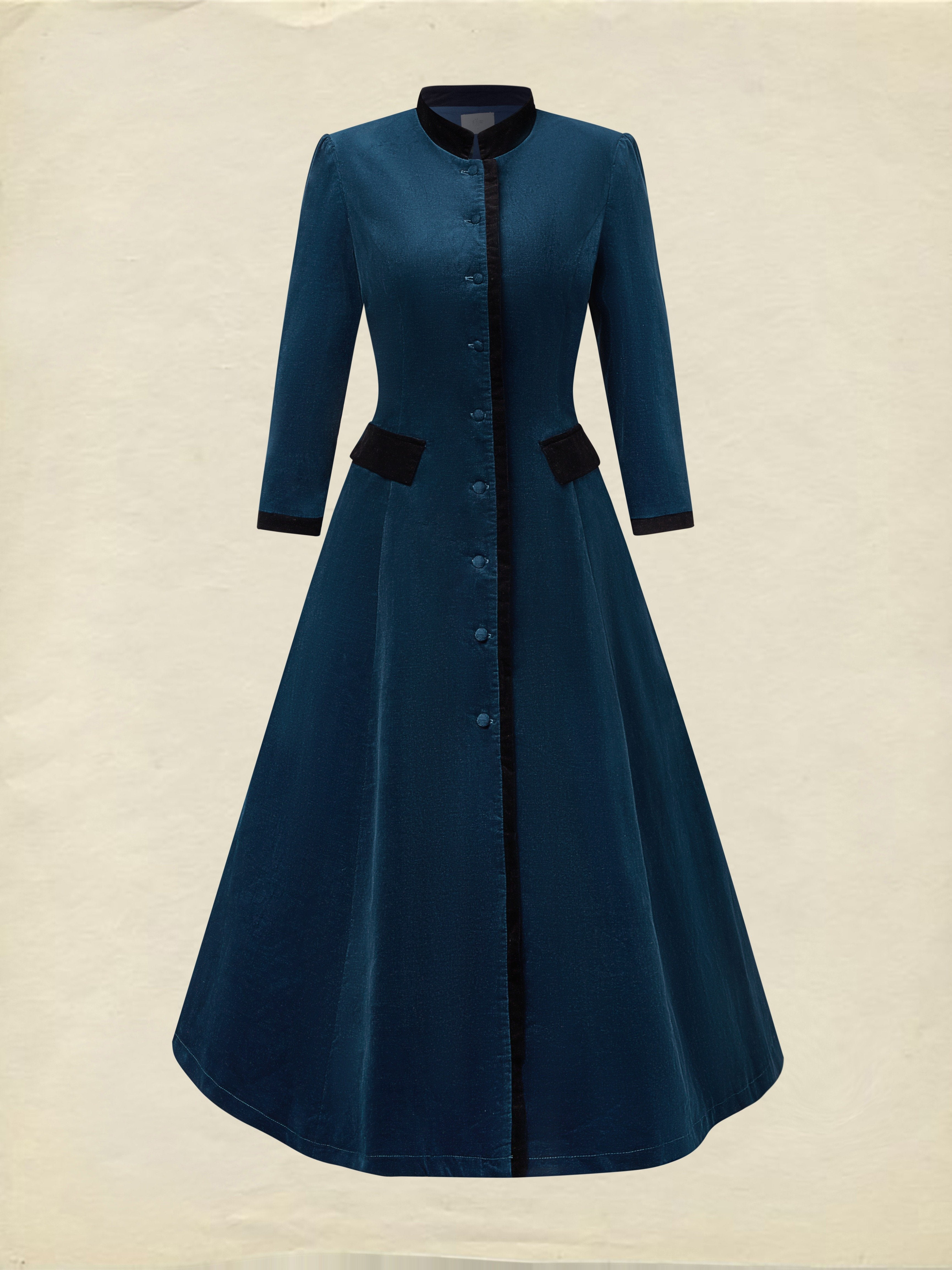 Midi Cotton Dress, Half Sleeve, Stand Collar, Plain, Button Design, Vintage, Deep Blue