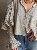 Vintage Boho Cotton Striped Puff Sleeve Shirt