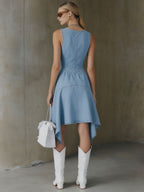 Fashionable Retro Light Blue Denim V-neck Sleeveless Irregular A-line Midi Dress