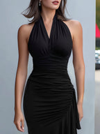 Halter Neck Ruched Asymmetrical Ruffle Midi Dress