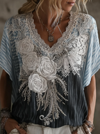 Butterfly Flower Embroidery Patchwork Striped Design Women's Summer Linen T-shirt