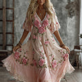 Women's Vintage Pink Floral Art Embroidered Flowy Maxi Dress