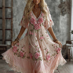 Women's Vintage Pink Floral Art Embroidered Flowy Maxi Dress