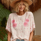 Women's Embroidered Daisy Floral Ribbon T-shirt