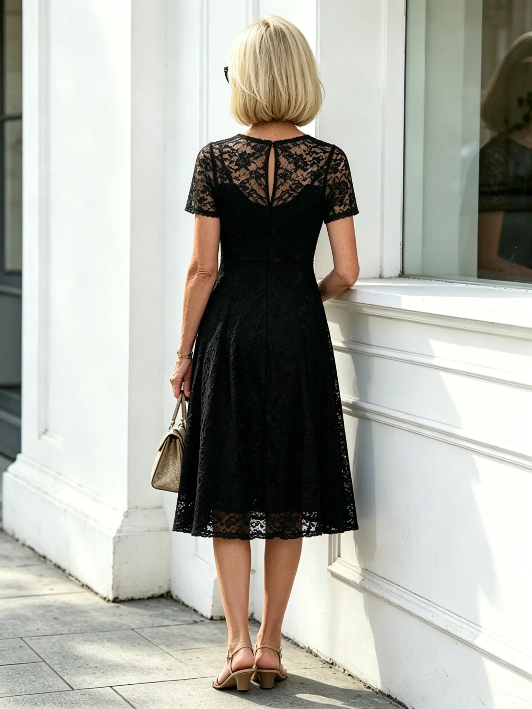 Black Short Sleeve Lace Midi Dress, Crew Neck Cut-Out A-Line Tummy Concealing Slimming Plus Size Dress for Mature Women