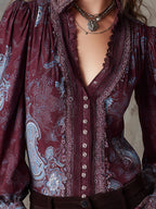 Bohemian Paisley Pattern Lace Puff Sleeves Mixed Cotton Blouse