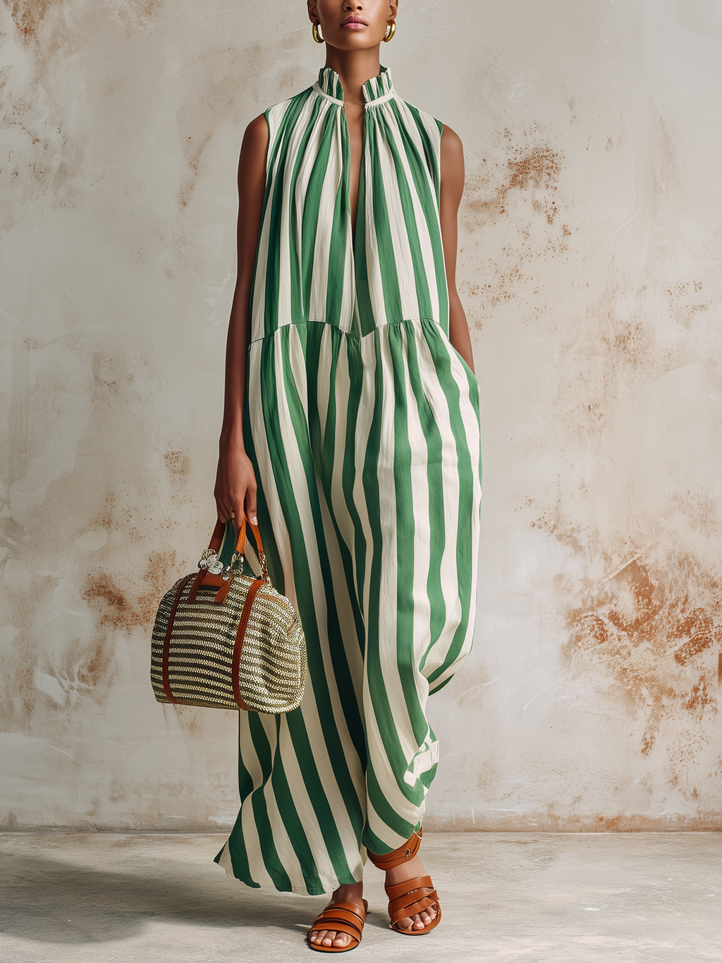 Green & White Striped Sleeveless Maxi Dress With Ruffle Neck