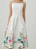 Chic Strapless Floral Satin Midi Dress with Matching Belt