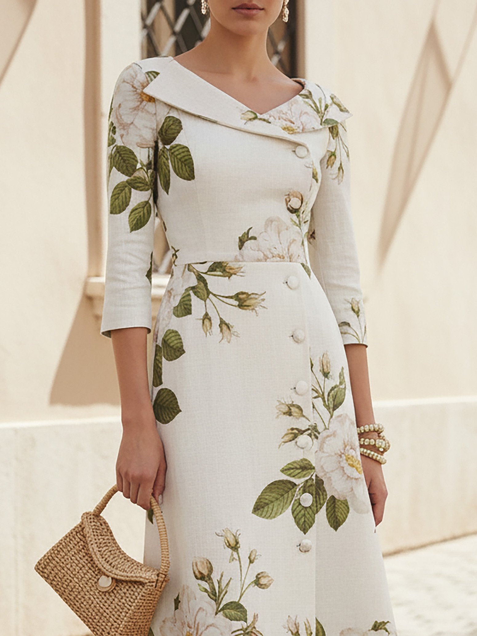 Midi Linen Dress, Half Sleeve, Shawl Collar, Floral, Button Design, Vintage, White
