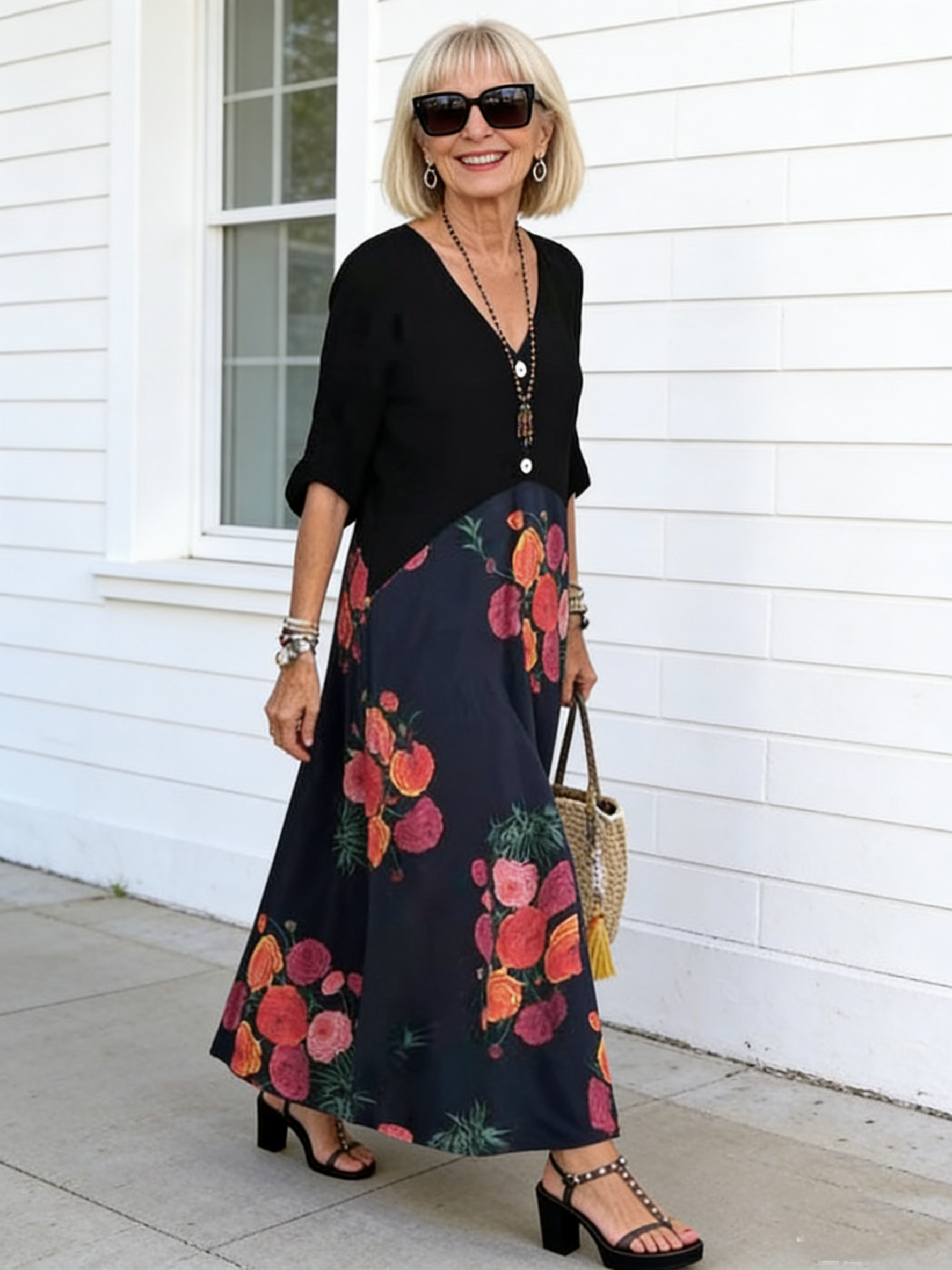 V-Neck Short Sleeve Printed Long Dress Button Casual Dress