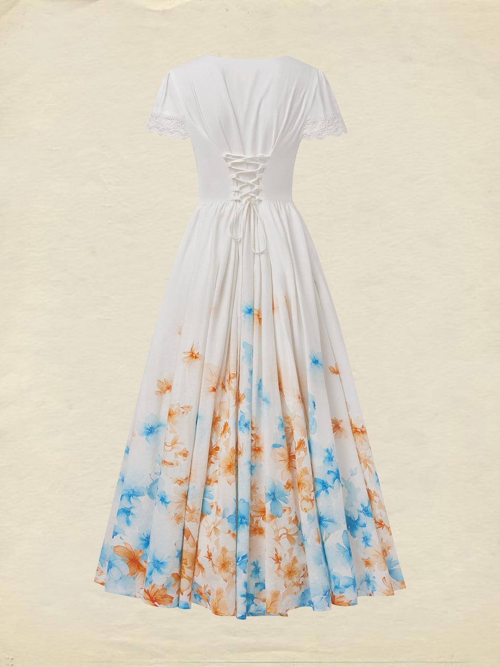 Linen Maxi Dress, Short Sleeve, Lace Collar, Floral, Vintage, White