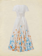 Linen Maxi Dress, Short Sleeve, Lace Collar, Floral, Vintage, White