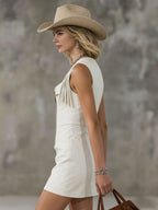Square Neck Zipper Tassel Sleeveless Denim Mini Dress