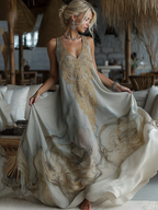 Vintage Marble Texture Collection Retro Bohemia Women Style Gradient Gilded Pattern Linen Maxi Dress