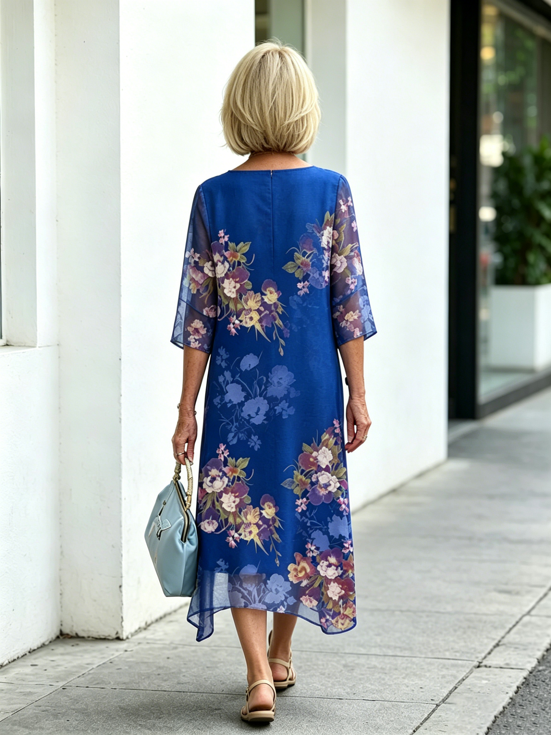 Blue Floral Print Mesh Layered Midi Dress, Round Neck 3/4 Sleeve Loose Tummy Concealing Mother Dress for Mature Women