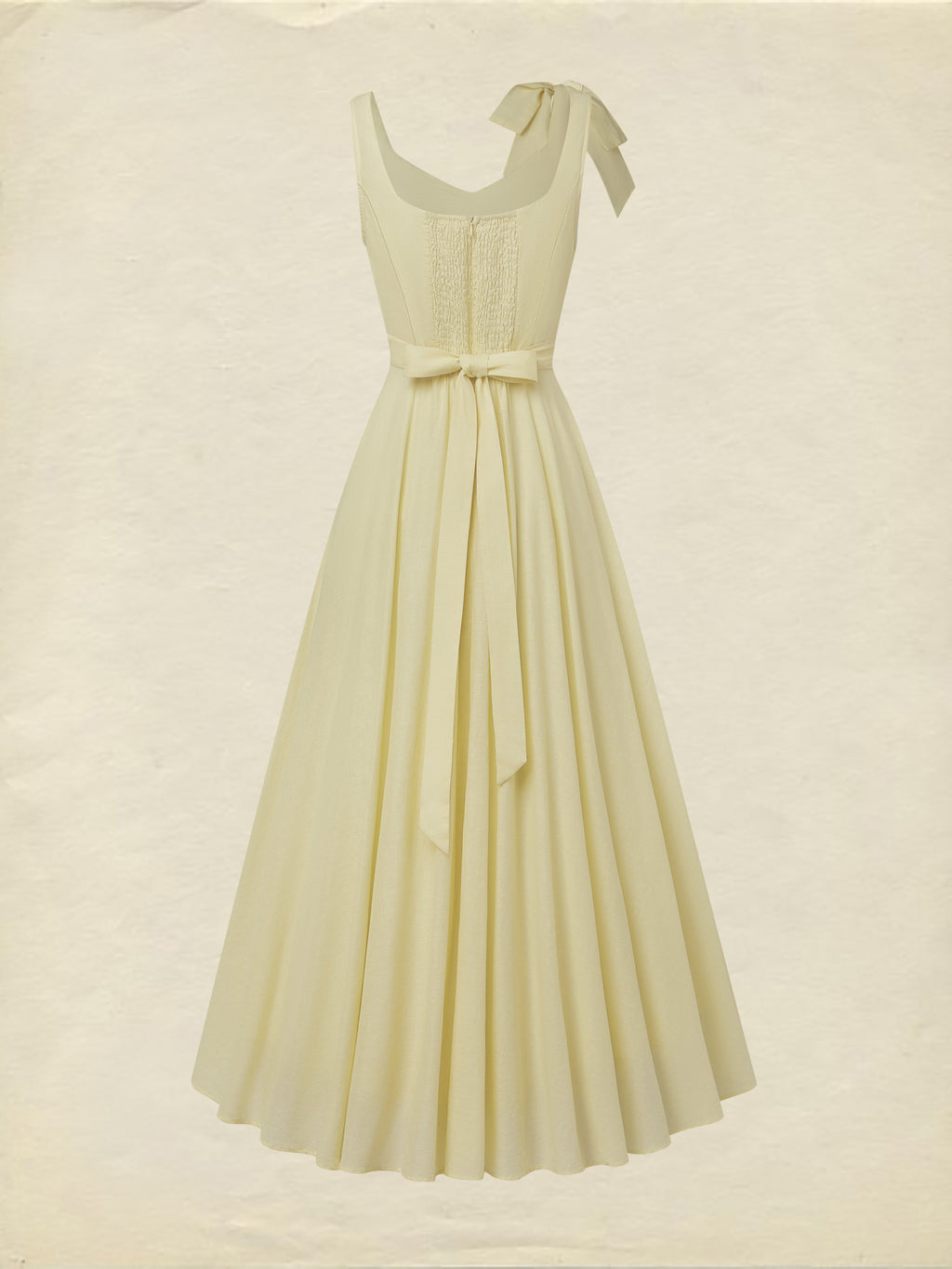 Maxi Linen Dress, Sleeveless, Square Neck, Plain, Bow, French Vintage, Light Yellow