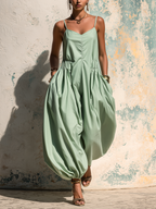 Sage Green Linen Blend Harem Jumpsuit | Casual Wide Leg Overall With Pockets