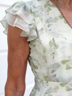Light Green Floral Chiffon Midi Dress, V-Neck Ruffle Cap Sleeve Slimming Tiered Cake Dress for Mature Women