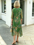 Black Floral Chiffon Midi Dress, Loose Tummy Hiding 3/4 Sleeve Printed Dress for Mature Women