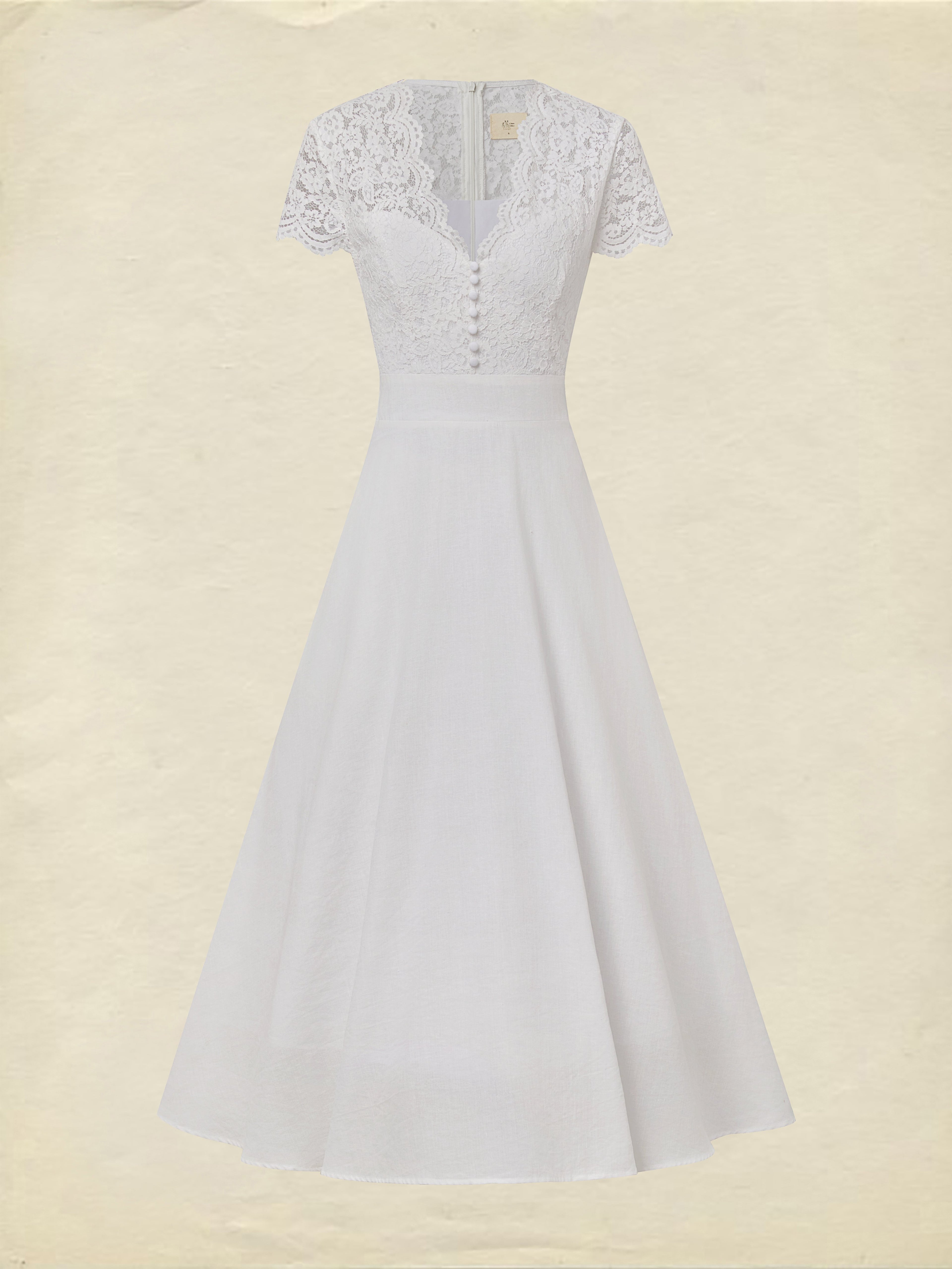Midi Cotton Dress, Short Sleeves, Plain, Lace, Vacation, Vintage, White