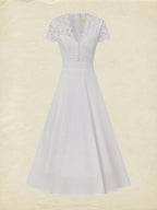 Midi Cotton Dress, Short Sleeves, Plain, Lace, Vacation, Vintage, White