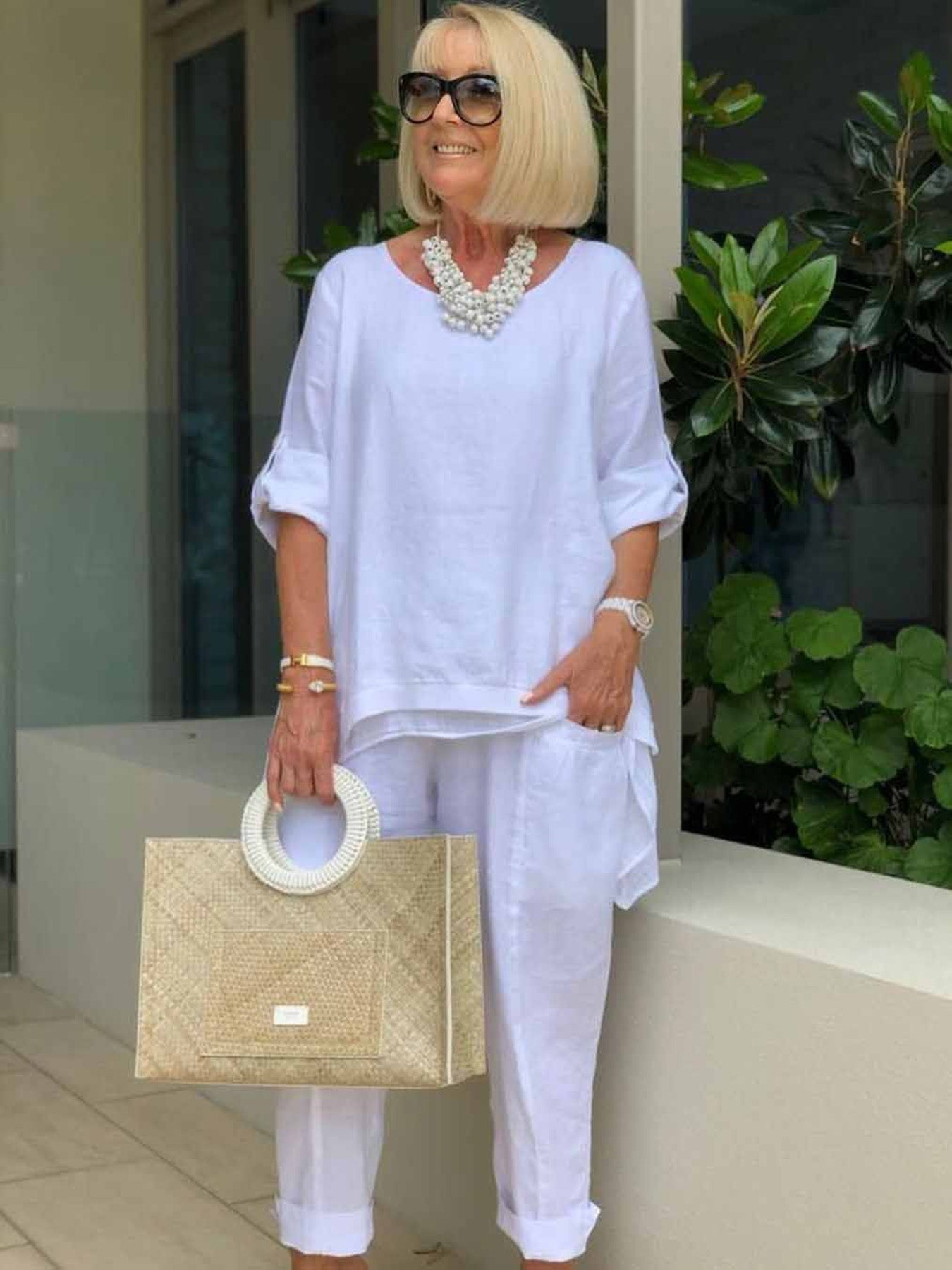 Double-layered Solid Color Cotton and Linen Two-piece Loose Casual Soft Shirt Pants