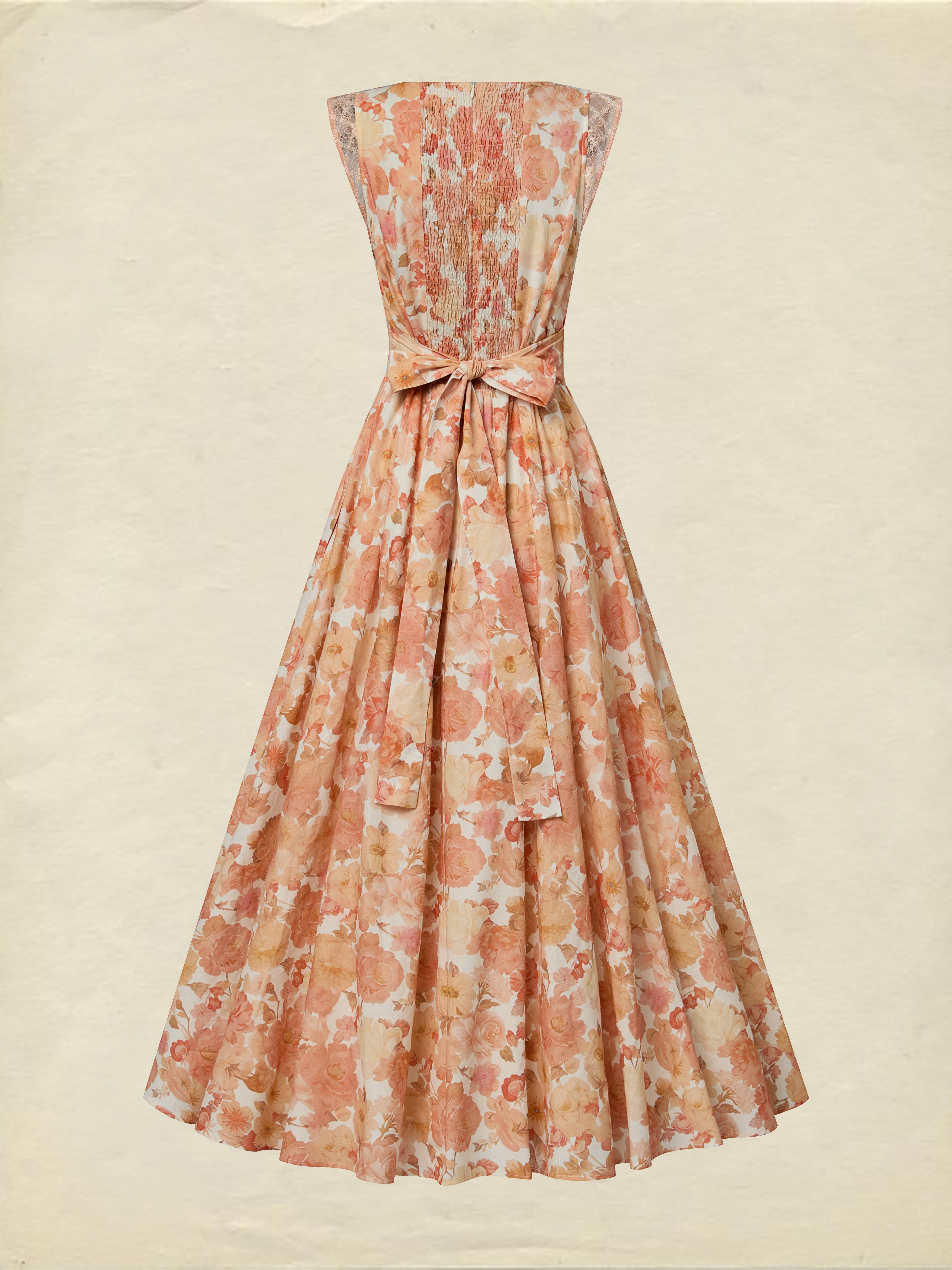 Maxi Linen Dress, Sleeveless, V Neck, Floral, Lace, Vacation, Vintage, Light Orange