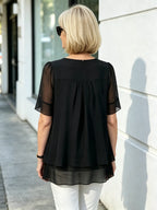 Pink Layered Chiffon Tunic Top, Round Neck Ruffle Short Sleeve Loose Tummy Concealing Blouse for Mature Women
