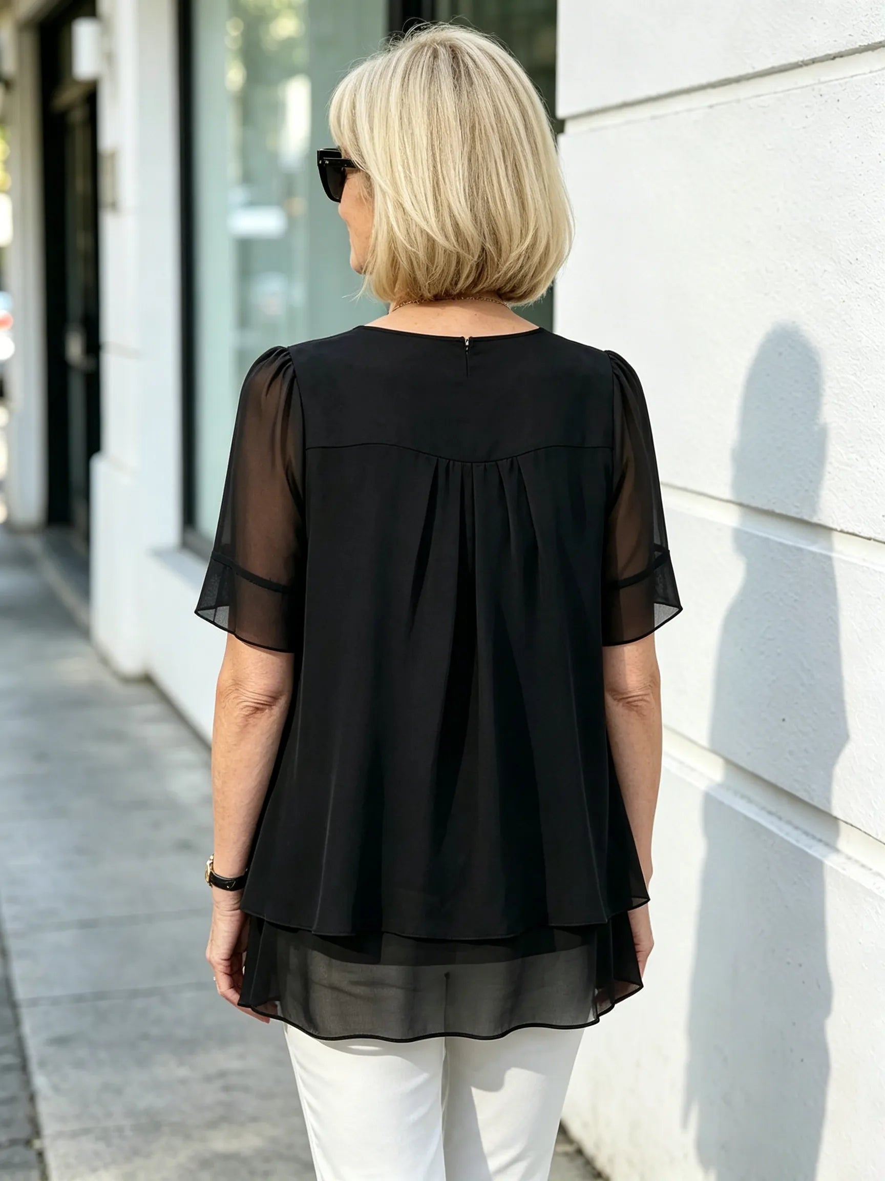 Pink Layered Chiffon Tunic Top, Round Neck Ruffle Short Sleeve Loose Tummy Concealing Blouse for Mature Women