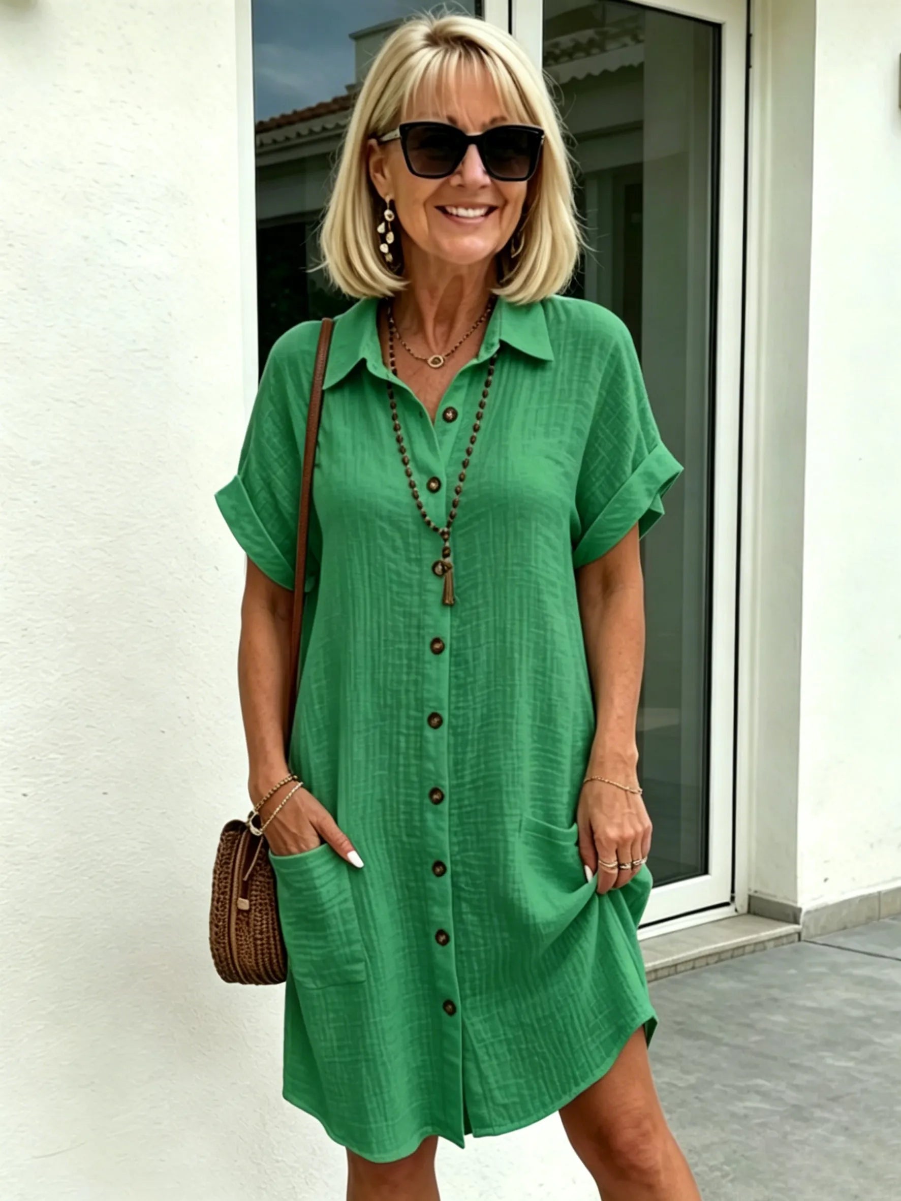 Solid Color Shirt Dress Simple, Made of Breathable, Featuring a Lapel Collar and Orderly Button Arrangement That Adds a Vintage Charm