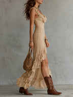 Boho Ruffled-Collar Lace Maxi Dress With High Slit