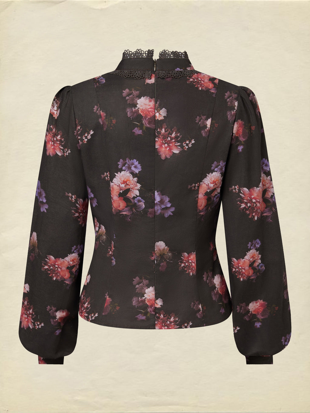 Cotton Blouse, Long Sleeves, Stand Collar, Floral, Lace, Vintage, Black