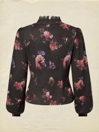 Cotton Blouse, Long Sleeves, Stand Collar, Floral, Lace, Vintage, Black
